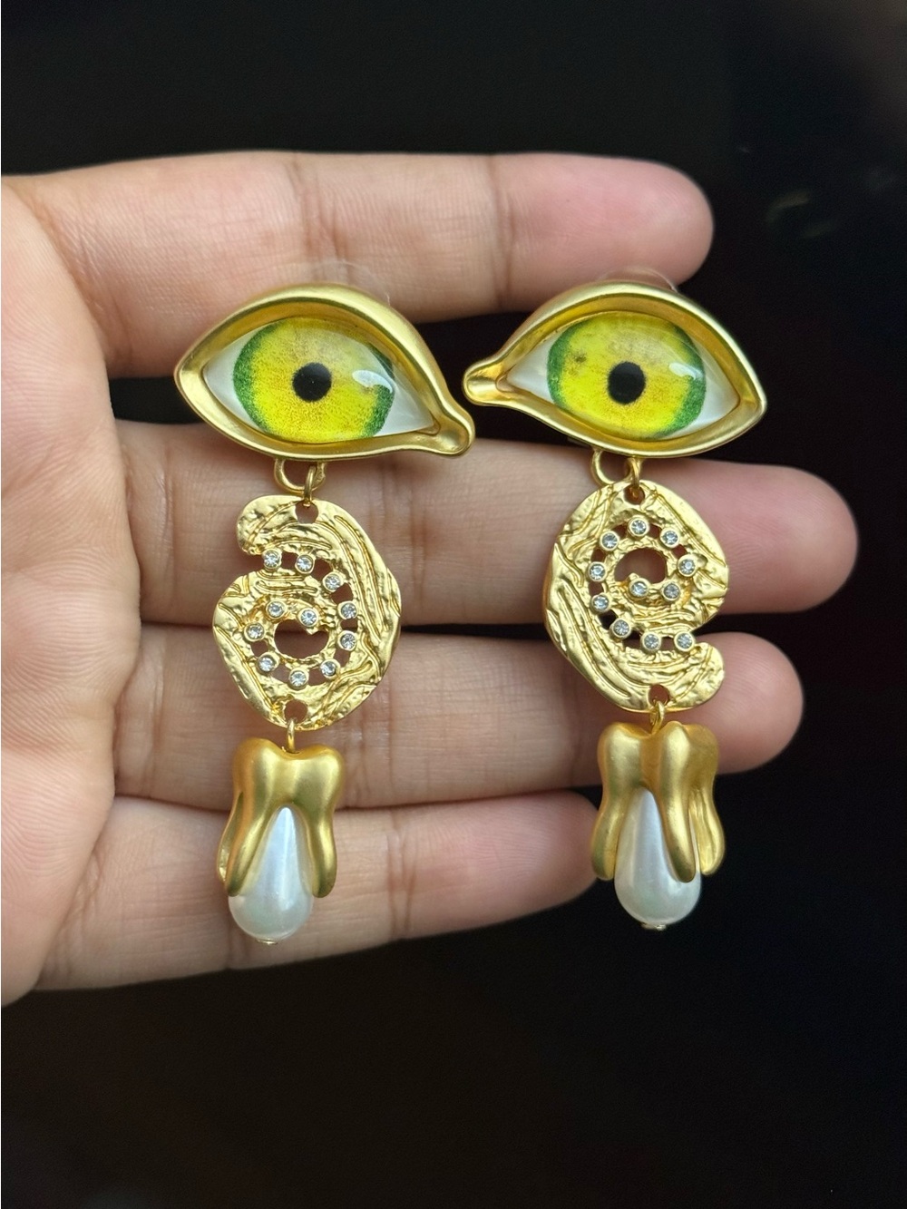Schiaparelli Inspired Gold-Tone Green Eye Drop Pearl Dangle clip-on Earrings
